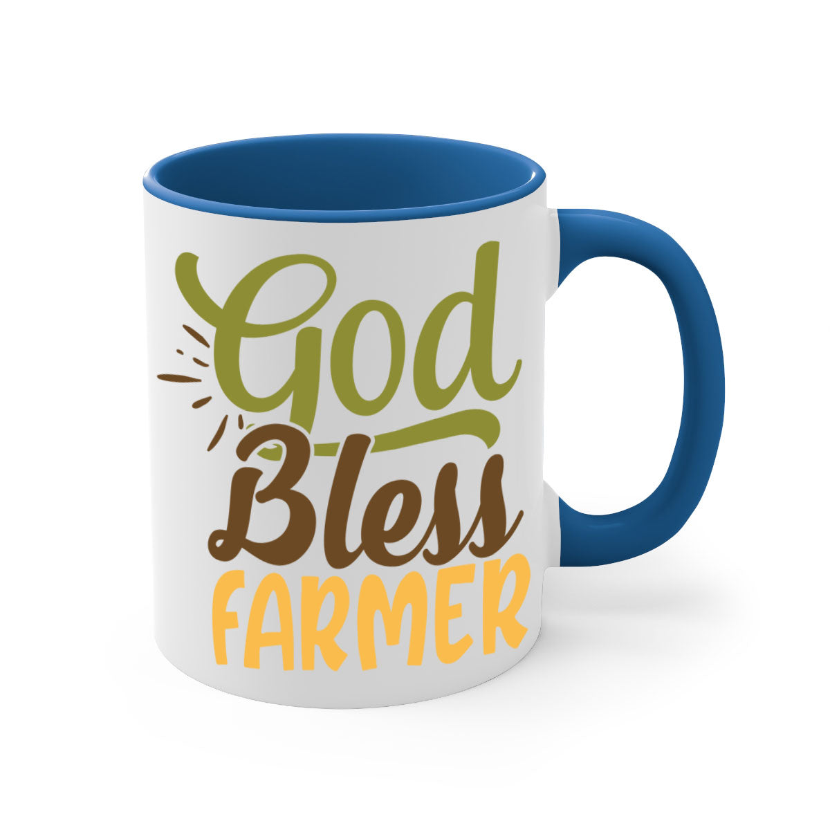 God Bless Farmer Mug featuring a glossy finish, colored handle, and interior, available in multiple colors and sizes.