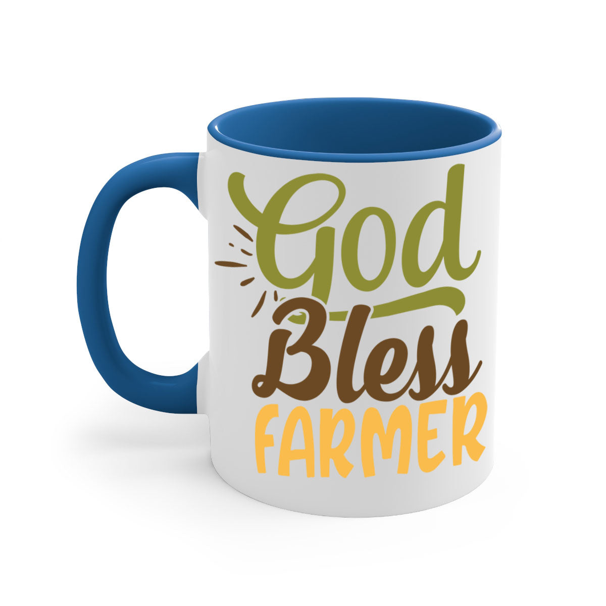 God Bless Farmer Mug featuring a glossy finish, colored handle, and interior, available in multiple colors and sizes.