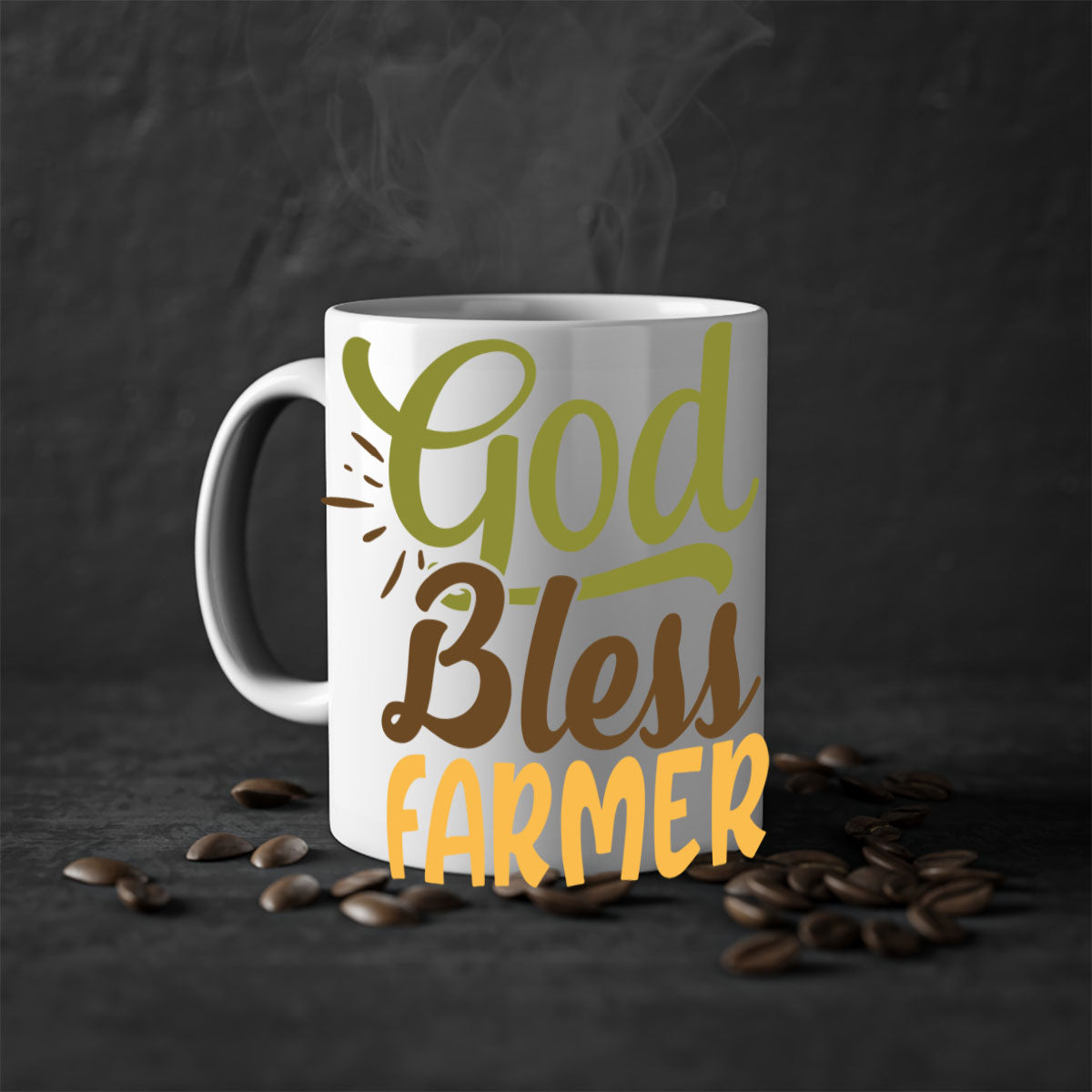 God Bless Farmer Mug featuring a glossy finish, colored handle, and interior, available in multiple colors and sizes.