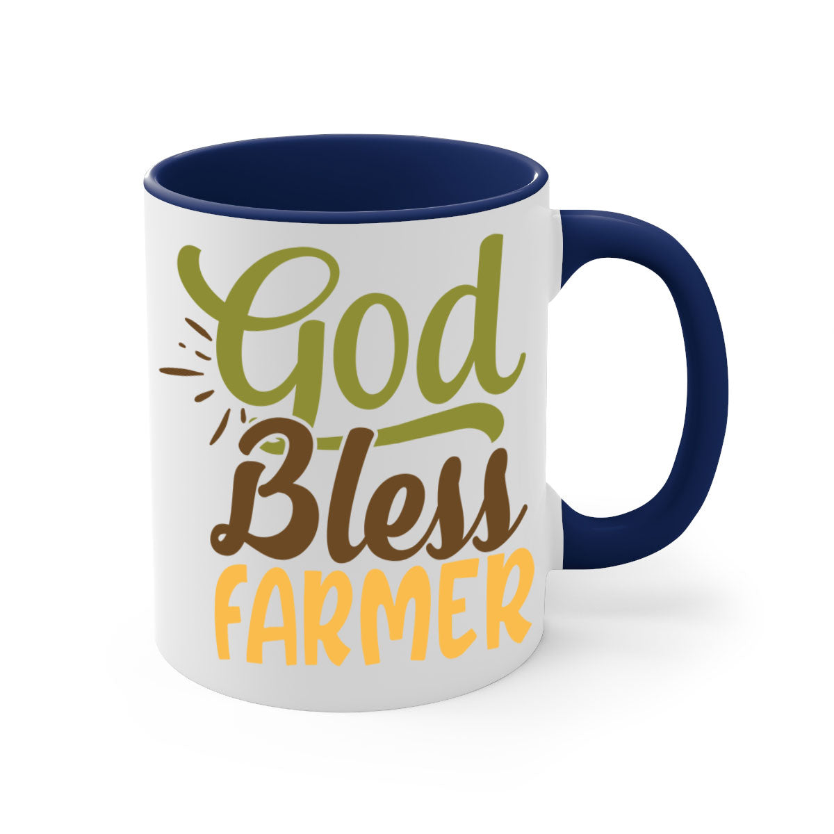 God Bless Farmer Mug featuring a glossy finish, colored handle, and interior, available in multiple colors and sizes.