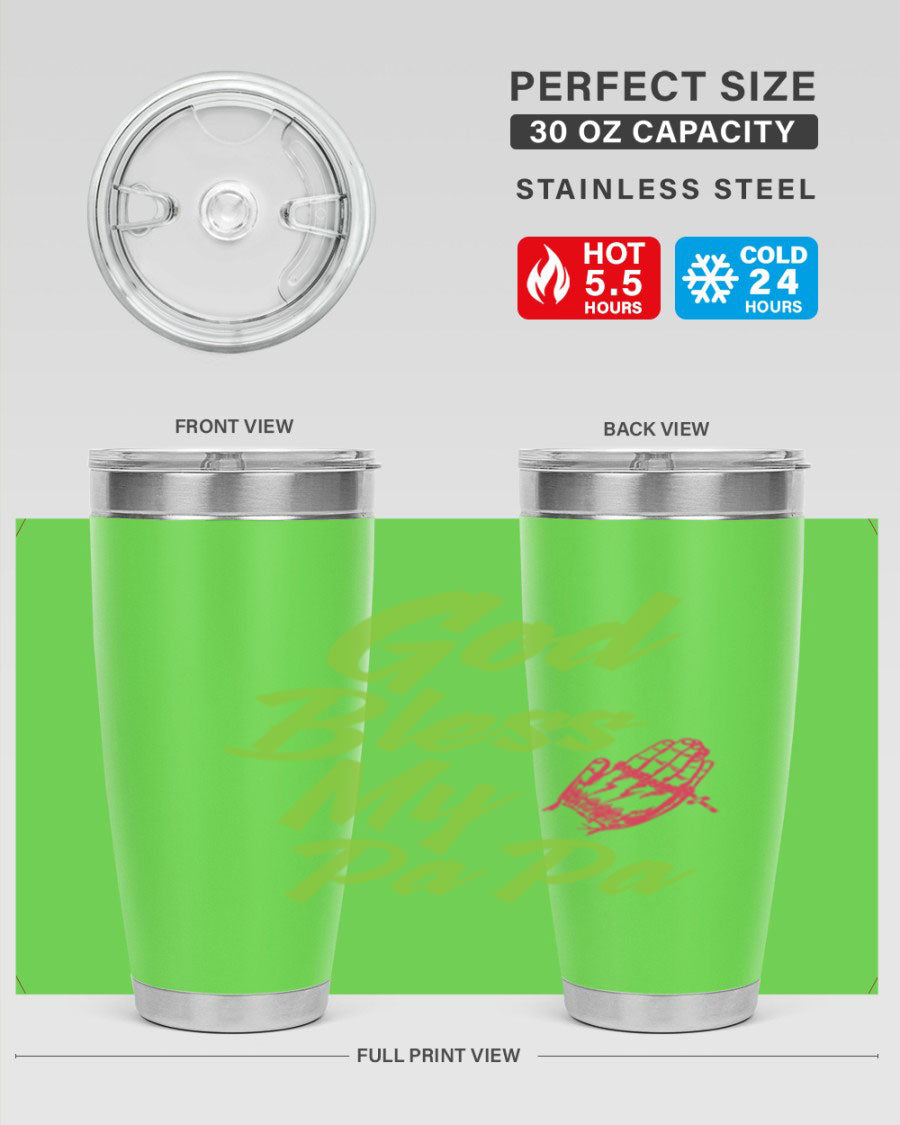 God Bless Papa Tumbler in stainless steel, featuring a charming print, designed for hot and cold beverages.
