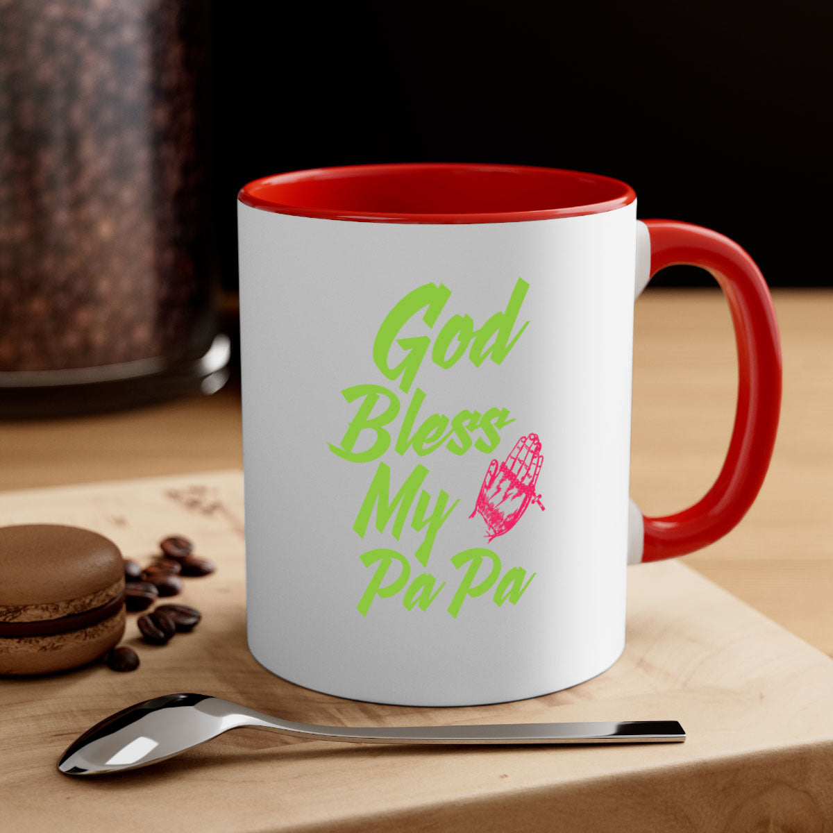 God Bless Papa 107# Mug with colorful handle and glossy finish, perfect for grandfathers.