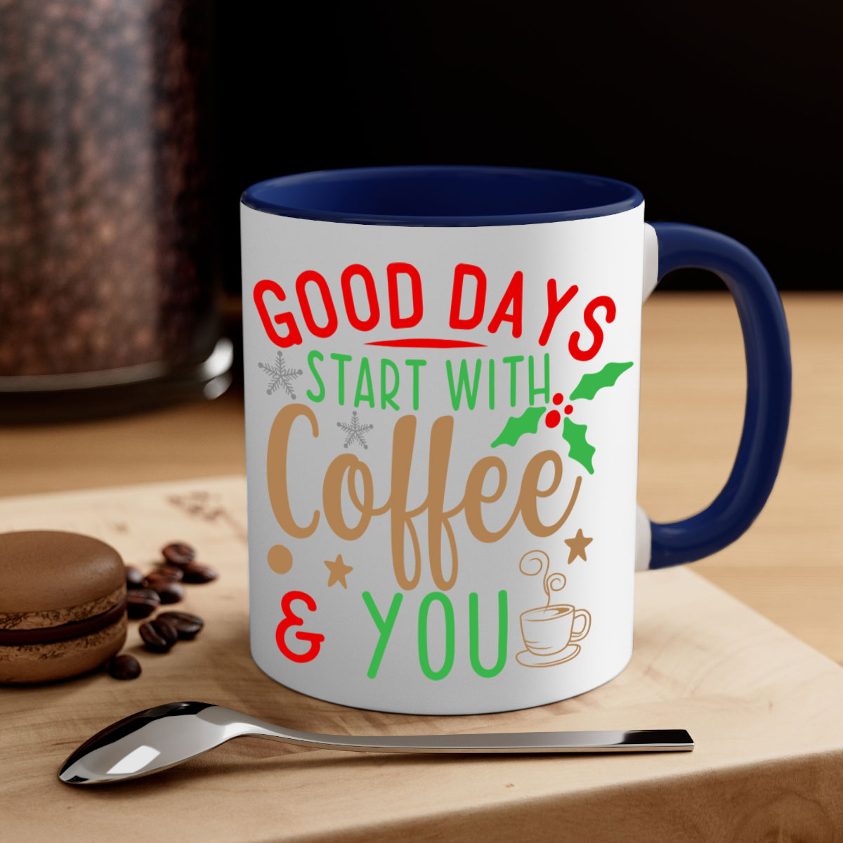Good Days Start with Coffee Style 239# Mug featuring a glossy finish and colored handle, available in multiple colors and sizes.