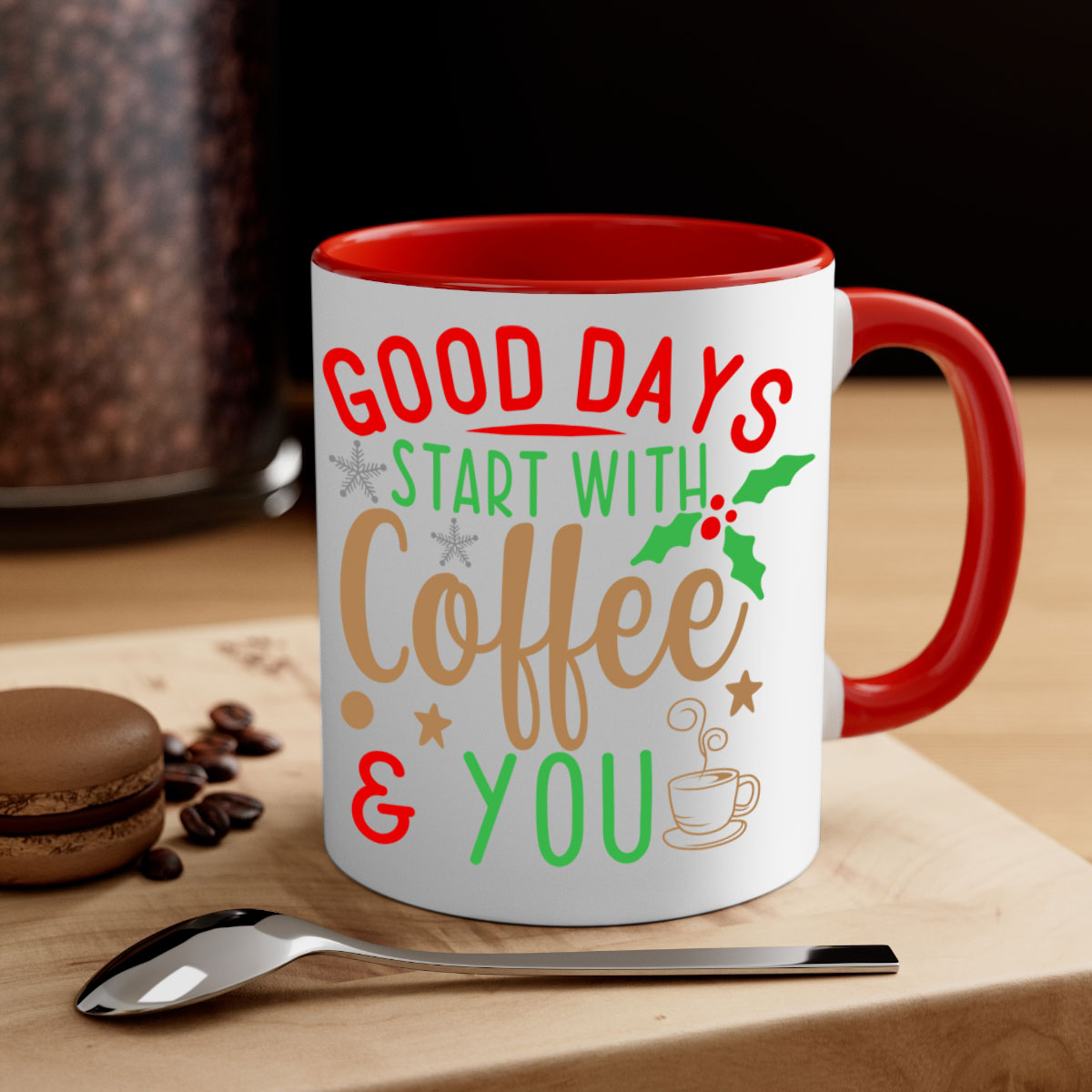 Good Days Start with Coffee Style 239# Mug featuring a glossy finish and colored handle, available in multiple colors and sizes.