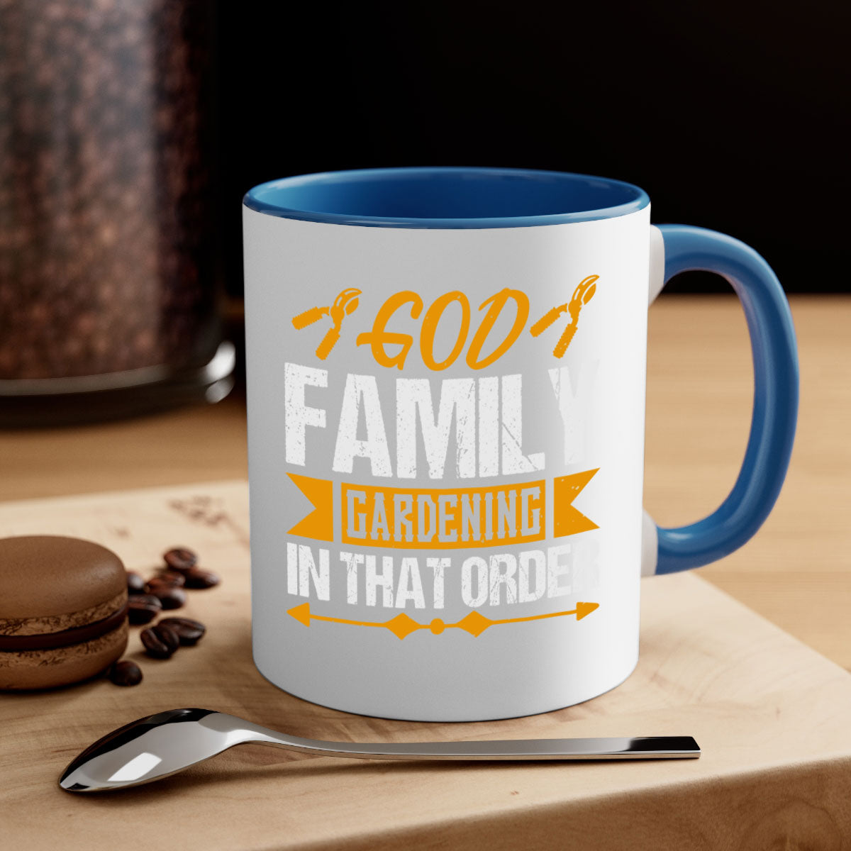 A stylish two-tone God Family Gardening mug with a glossy finish, featuring a colored handle and interior, available in five colors.