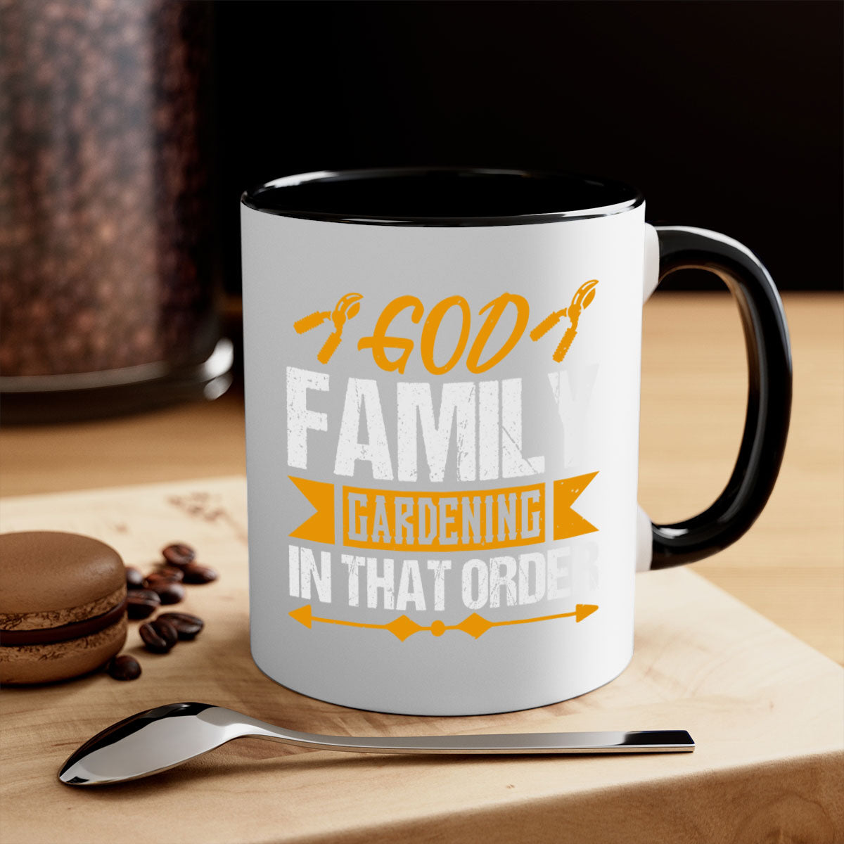 A stylish two-tone God Family Gardening mug with a glossy finish, featuring a colored handle and interior, available in five colors.