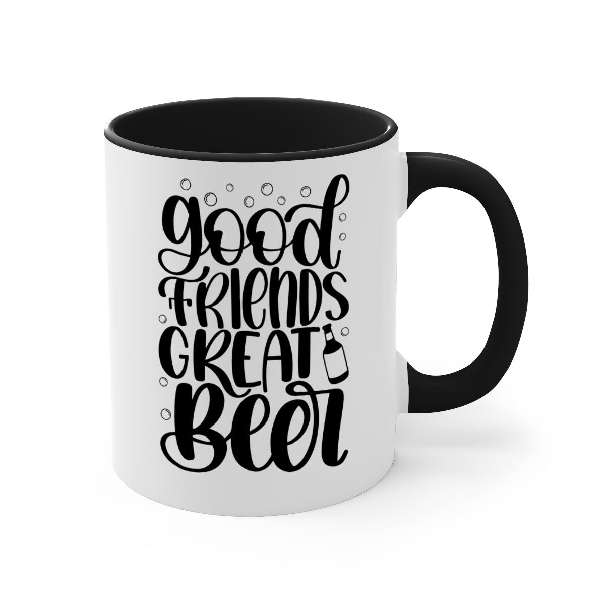 Good Friends Great Beer Mug with colorful handle and glossy finish, available in two sizes.