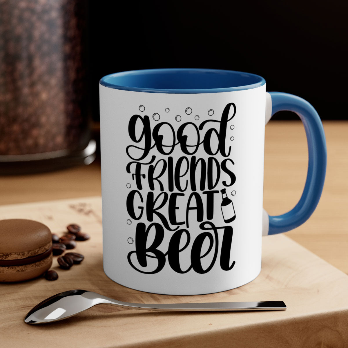 Good Friends Great Beer Mug with colorful handle and glossy finish, available in two sizes.