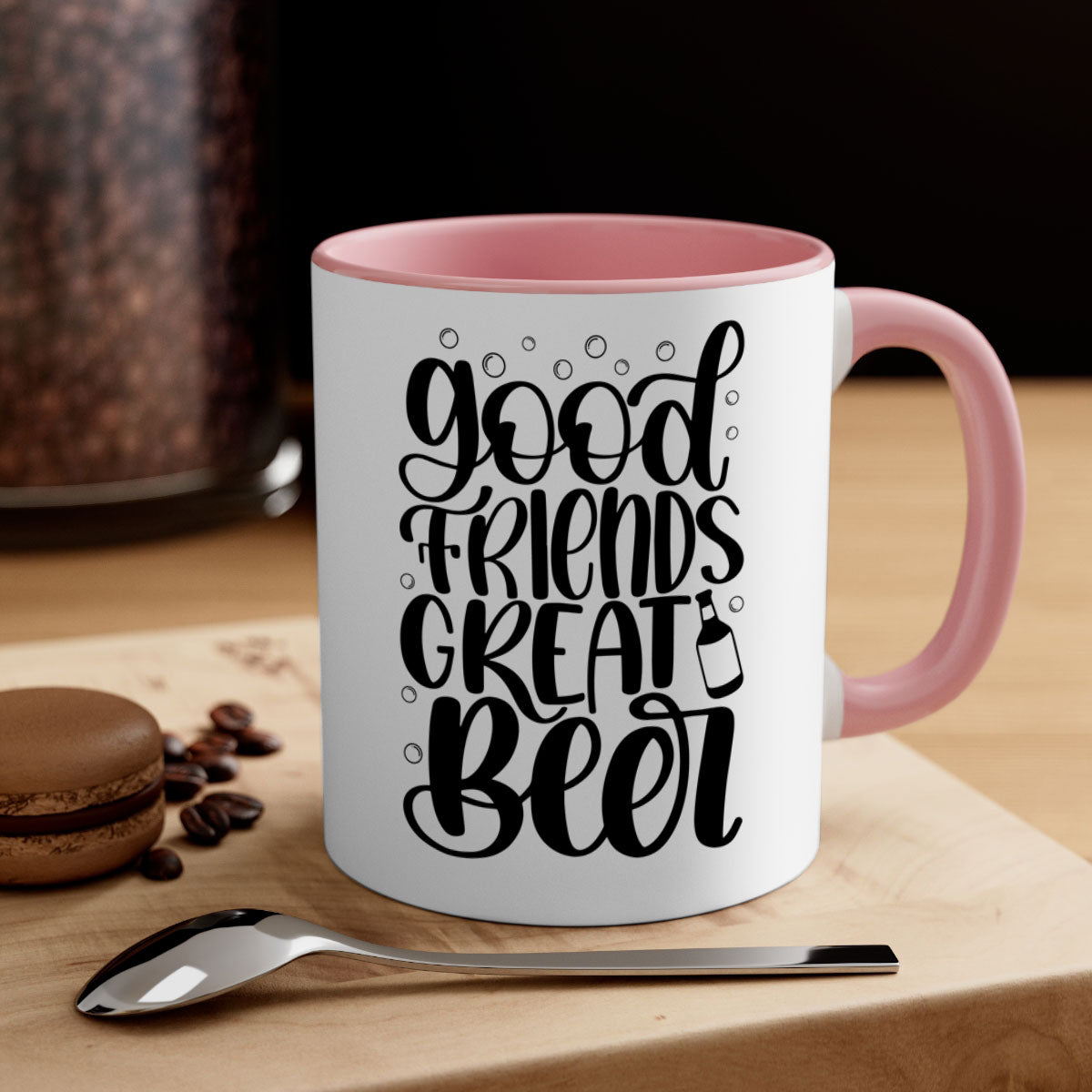 Good Friends Great Beer Mug with colorful handle and glossy finish, available in two sizes.