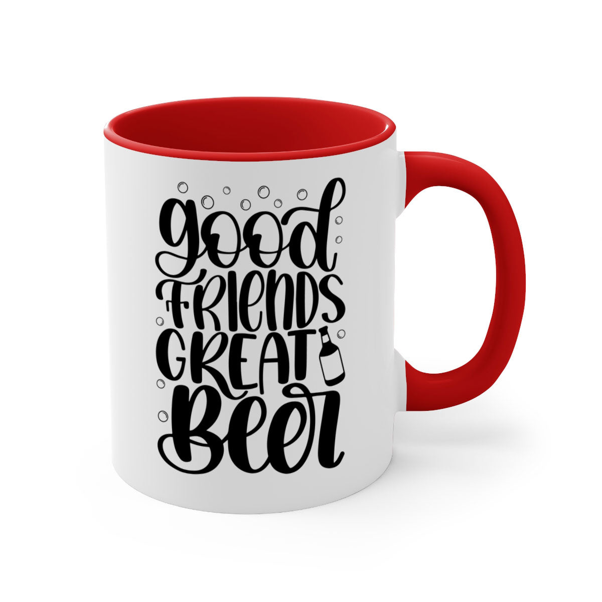 Good Friends Great Beer Mug with colorful handle and glossy finish, available in two sizes.