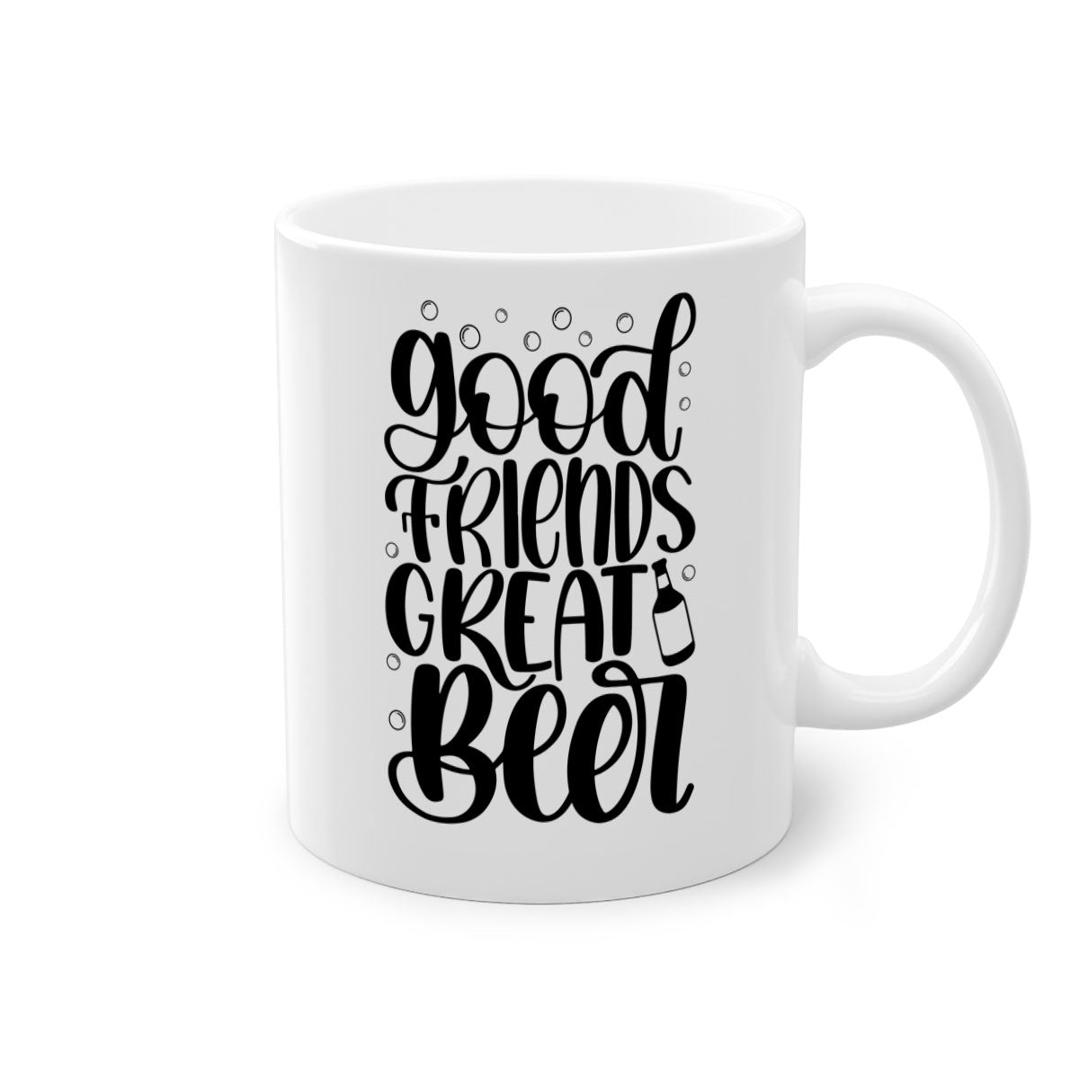 Good Friends Great Beer Mug with colorful handle and glossy finish, available in two sizes.
