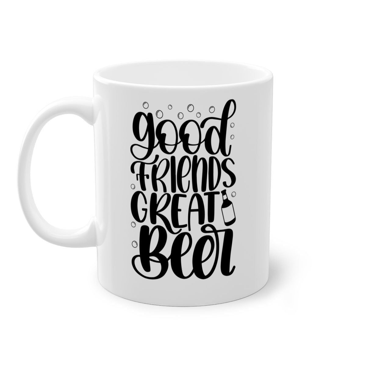 Good Friends Great Beer Mug with colorful handle and glossy finish, available in two sizes.