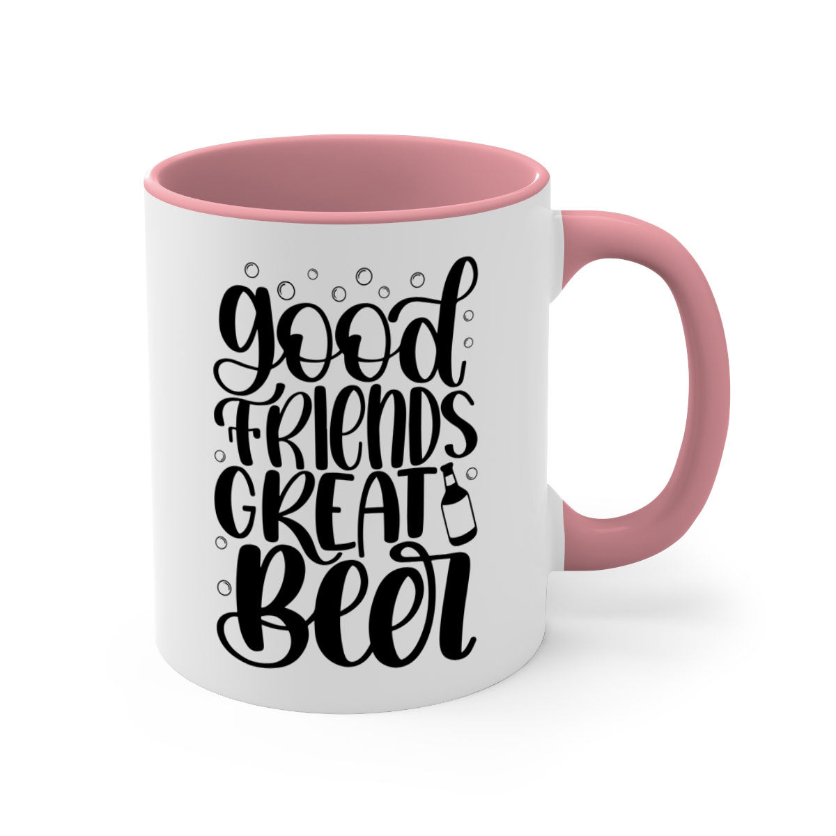 Good Friends Great Beer Mug with colorful handle and glossy finish, available in two sizes.