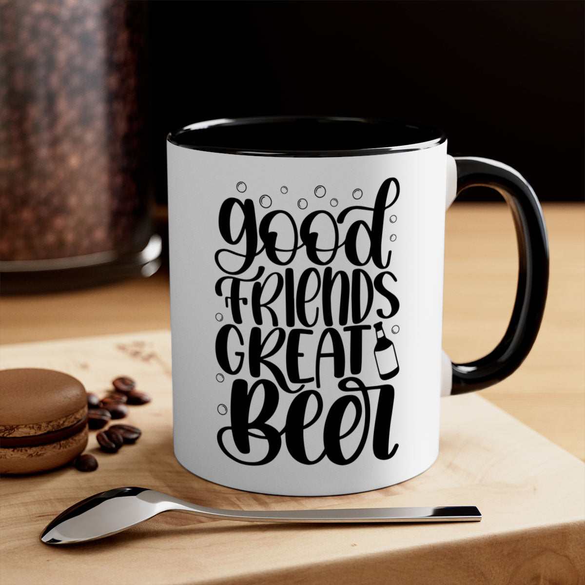 Good Friends Great Beer Mug with colorful handle and glossy finish, available in two sizes.