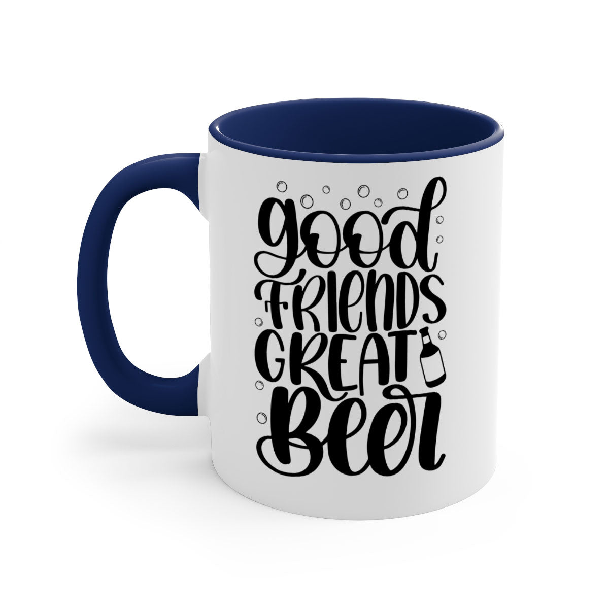 Good Friends Great Beer Mug with colorful handle and glossy finish, available in two sizes.