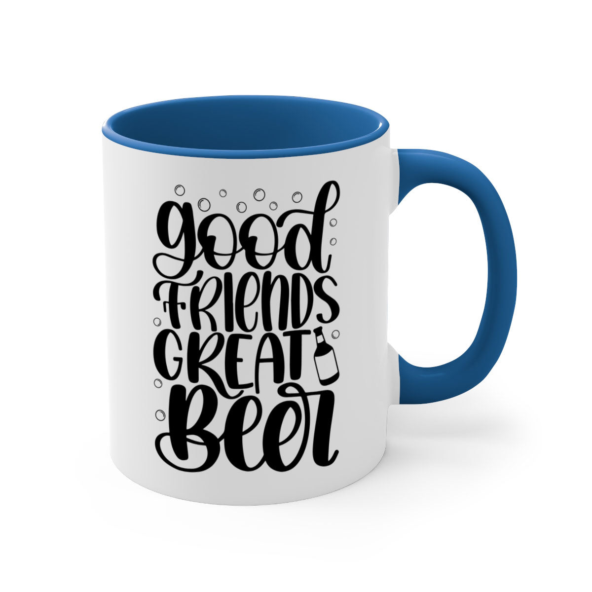 Good Friends Great Beer Mug with colorful handle and glossy finish, available in two sizes.