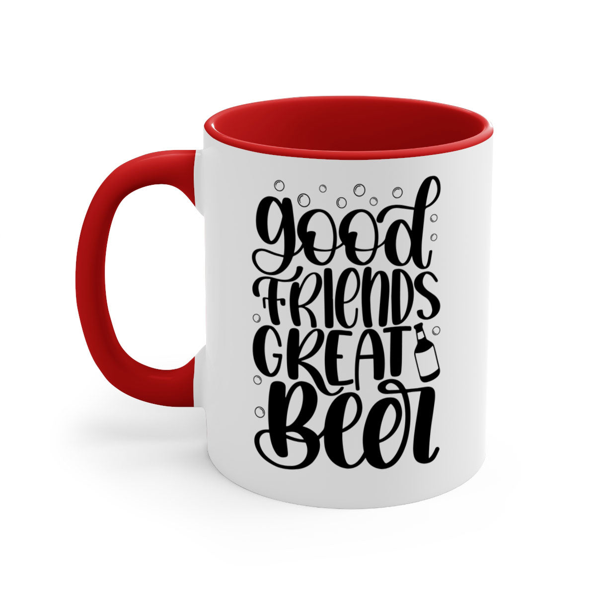 Good Friends Great Beer Mug with colorful handle and glossy finish, available in two sizes.