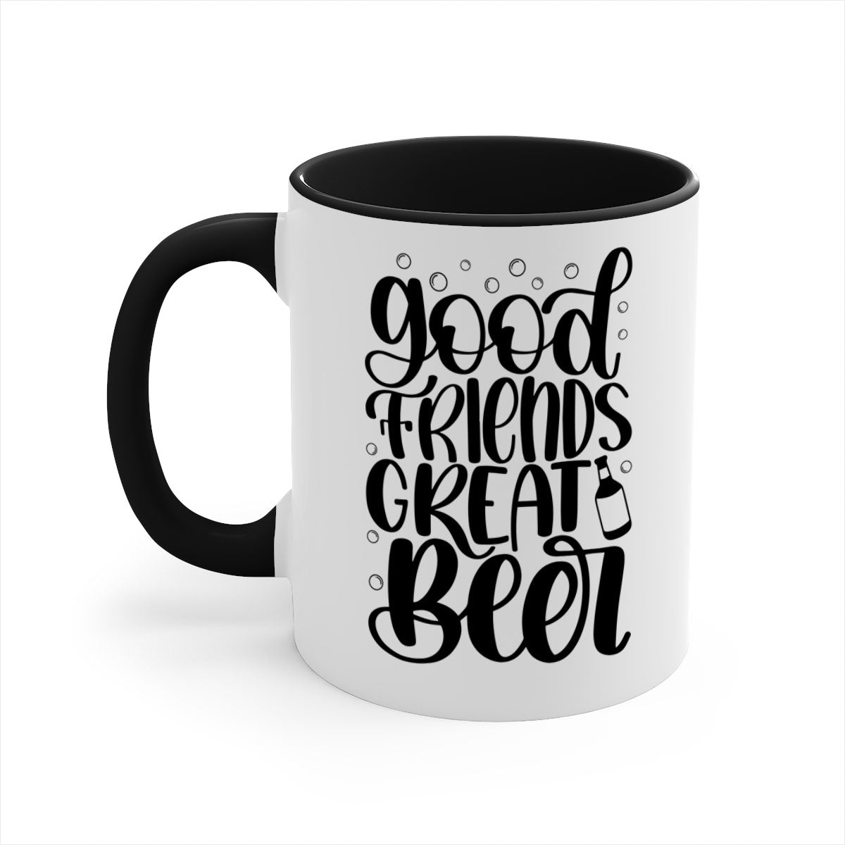 Good Friends Great Beer Mug with colorful handle and glossy finish, available in two sizes.