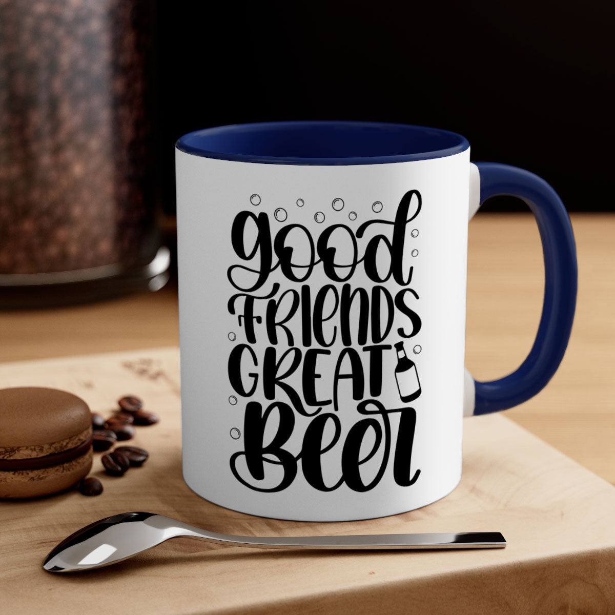 Good Friends Great Beer Mug with colorful handle and glossy finish, available in two sizes.