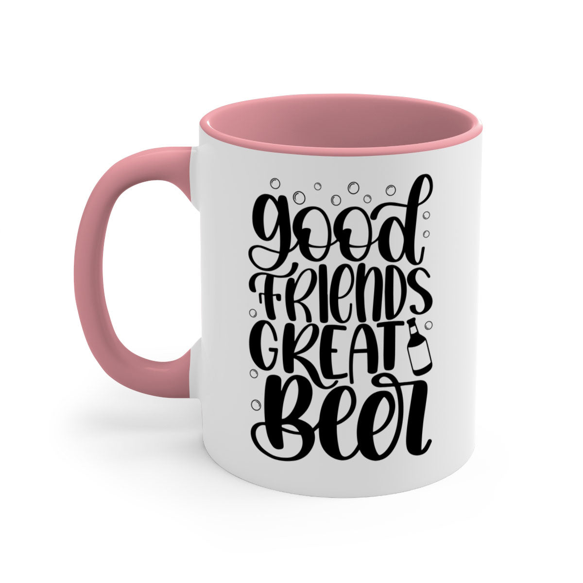 Good Friends Great Beer Mug with colorful handle and glossy finish, available in two sizes.