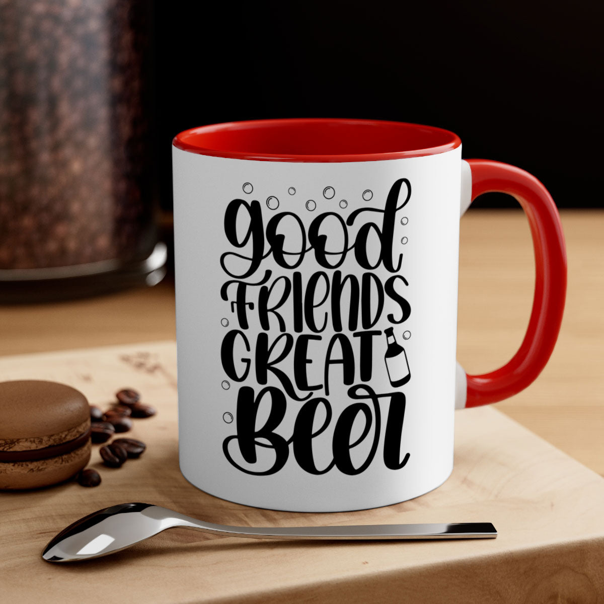 Good Friends Great Beer Mug with colorful handle and glossy finish, available in two sizes.