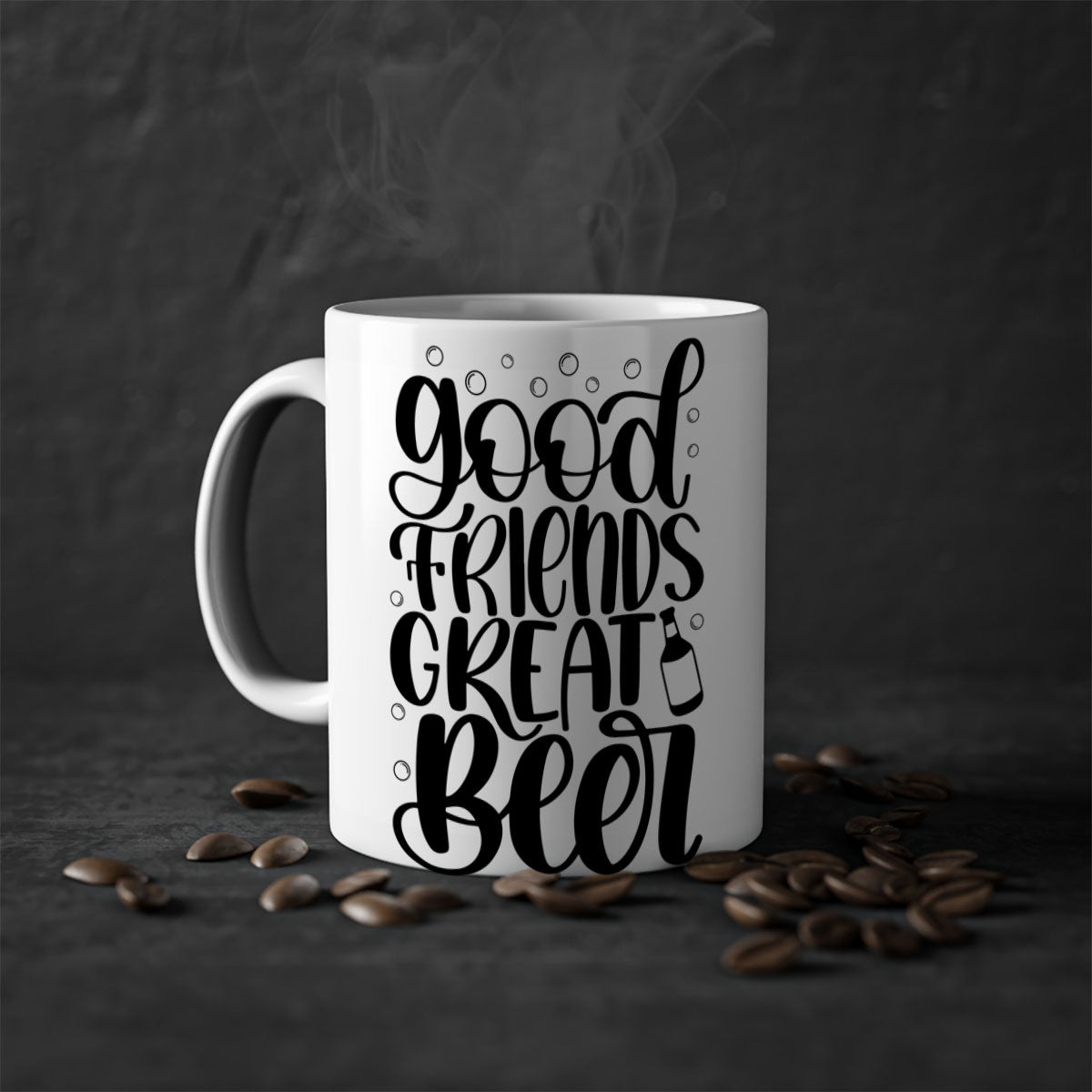Good Friends Great Beer Mug with colorful handle and glossy finish, available in two sizes.