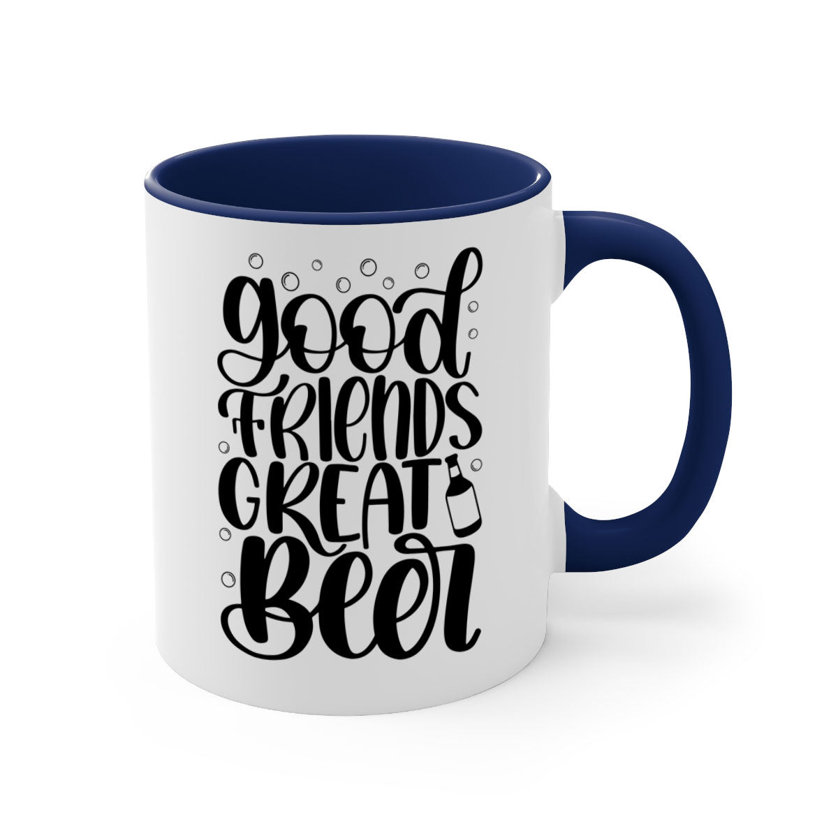 Good Friends Great Beer Mug with colorful handle and glossy finish, available in two sizes.