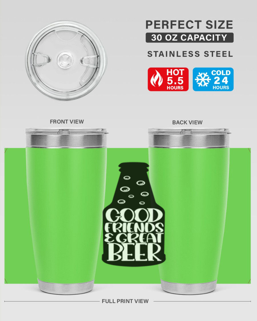Good Friends Great Beer 39# Tumbler in stainless steel with a drink-thru lid, perfect for hot and cold beverages.
