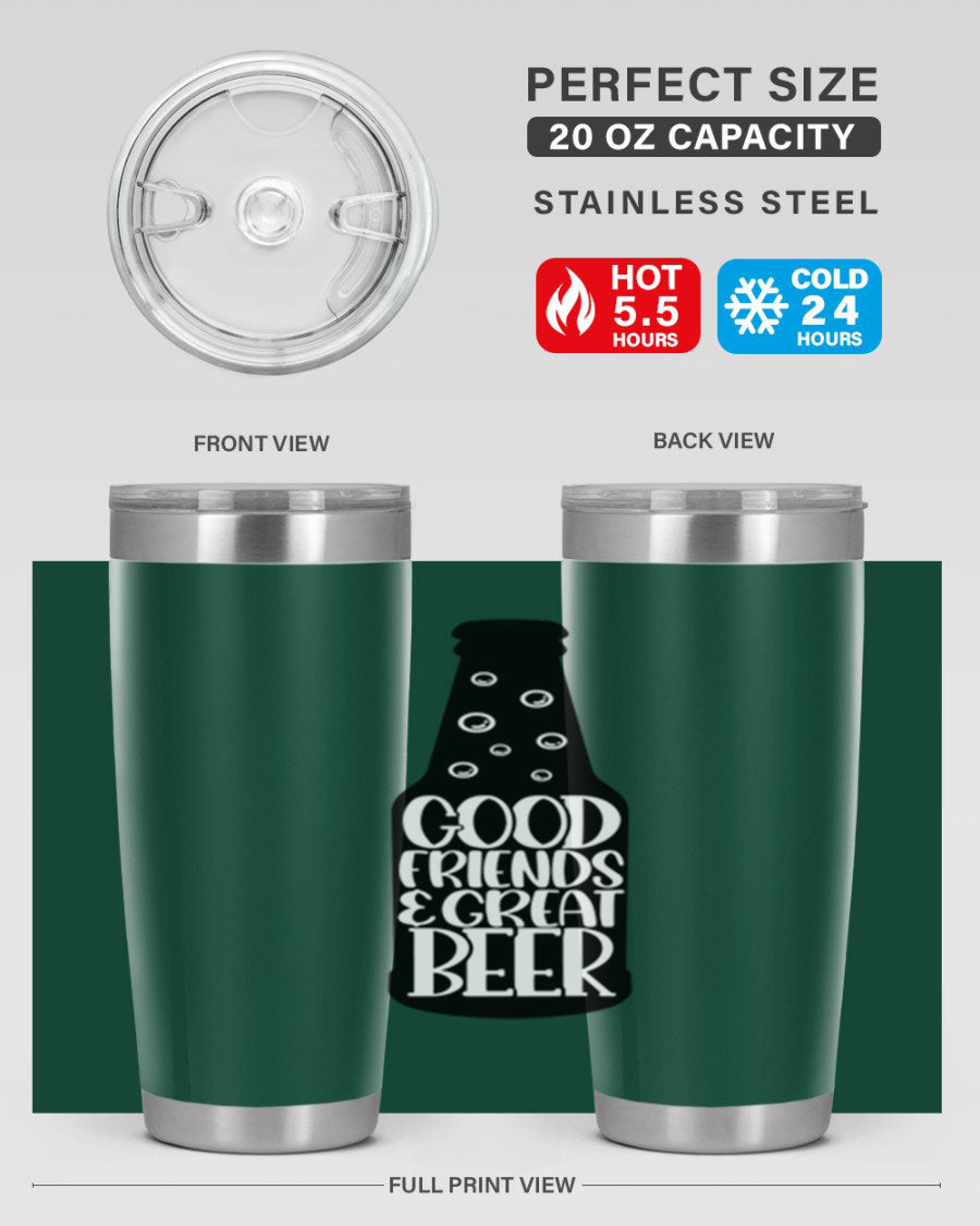 Good Friends Great Beer 39# Tumbler in stainless steel with a drink-thru lid, perfect for hot and cold beverages.
