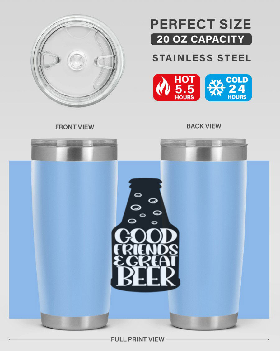Good Friends Great Beer 39# Tumbler in stainless steel with a drink-thru lid, perfect for hot and cold beverages.