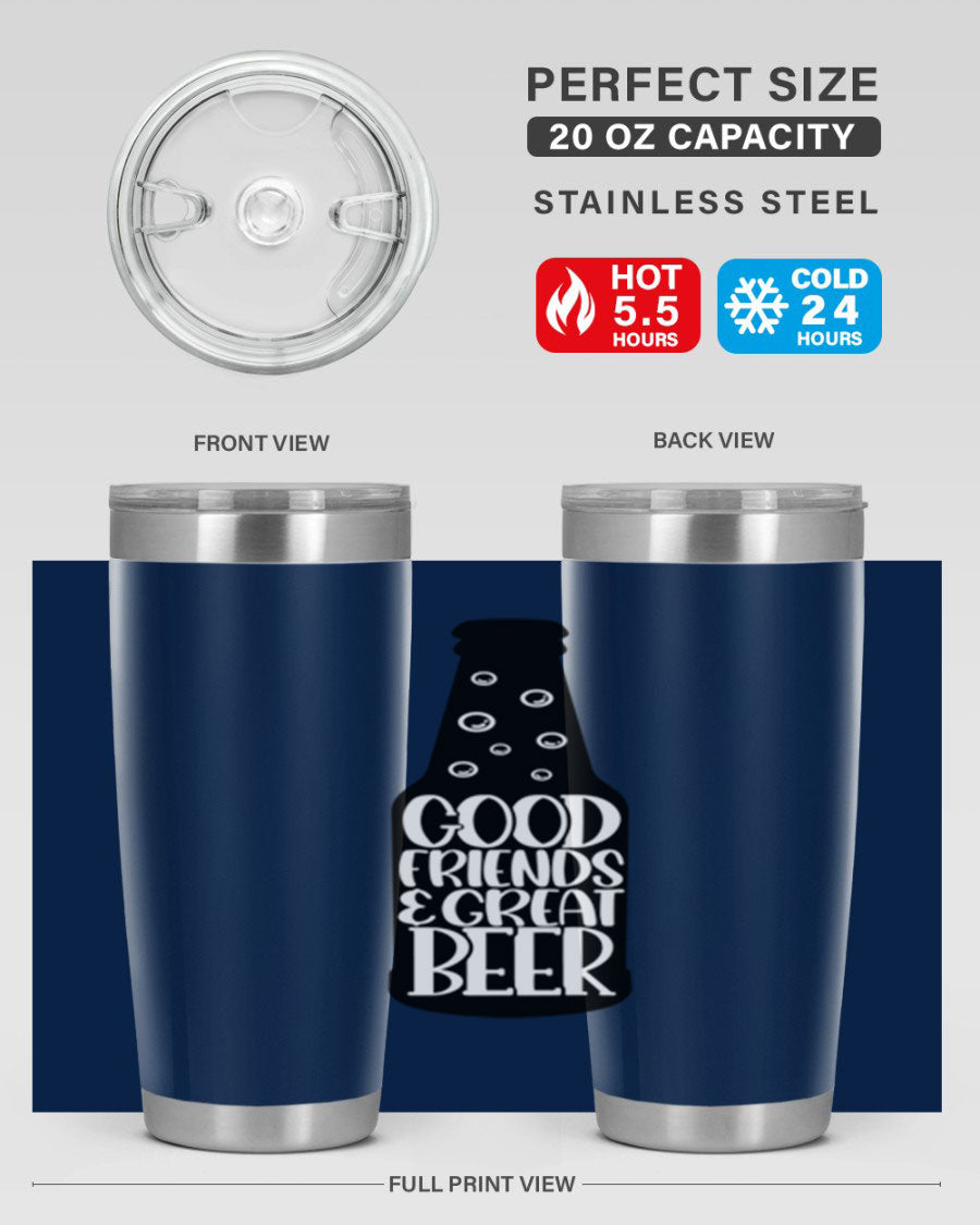 Good Friends Great Beer 39# Tumbler in stainless steel with a drink-thru lid, perfect for hot and cold beverages.