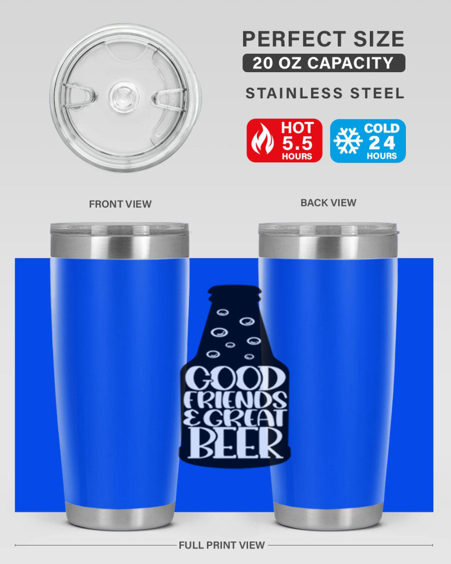 Good Friends Great Beer 39# Tumbler in stainless steel with a drink-thru lid, perfect for hot and cold beverages.