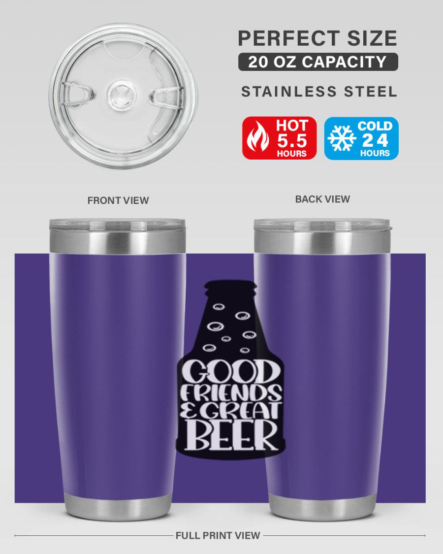 Good Friends Great Beer 39# Tumbler in stainless steel with a drink-thru lid, perfect for hot and cold beverages.