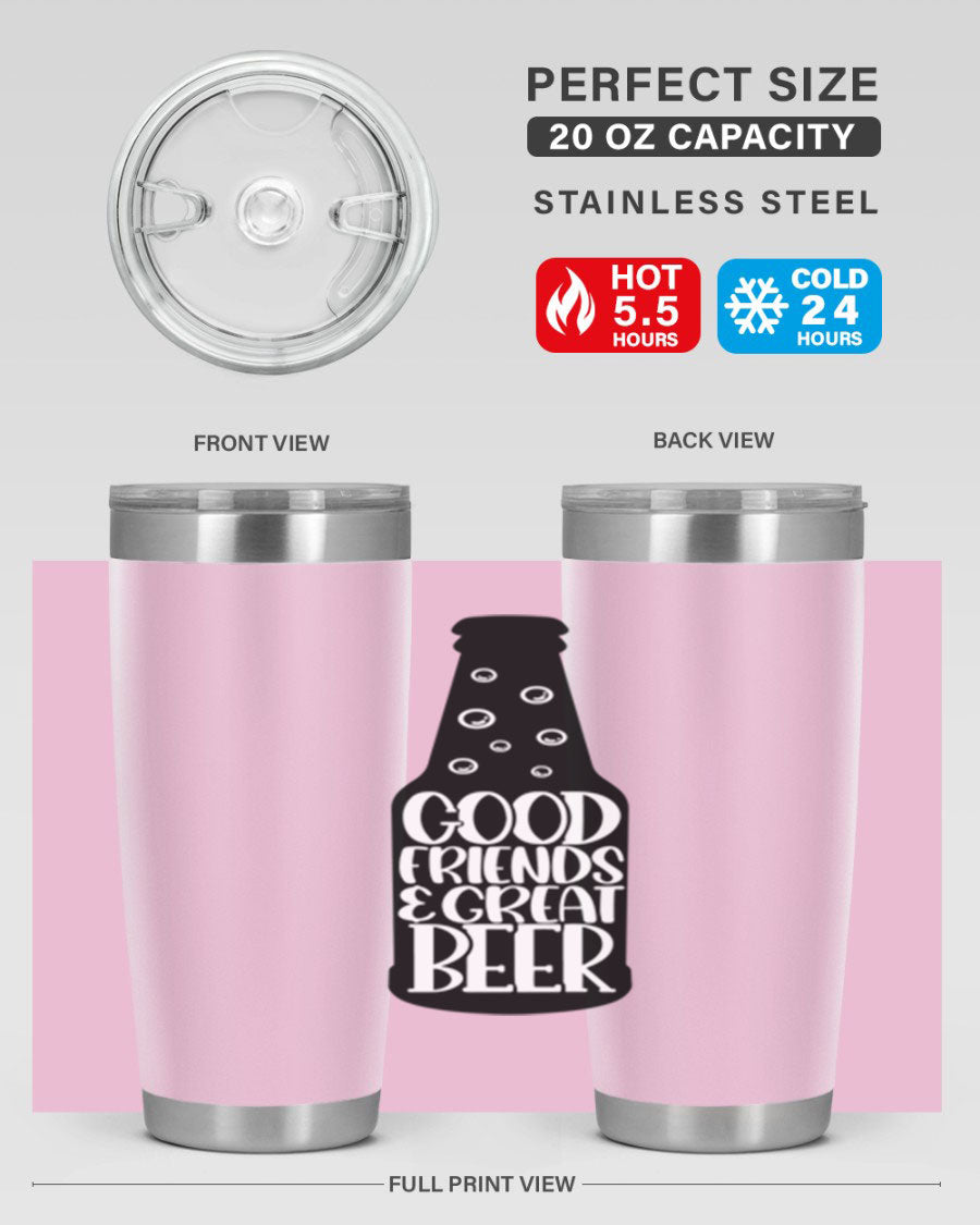Good Friends Great Beer 39# Tumbler in stainless steel with a drink-thru lid, perfect for hot and cold beverages.