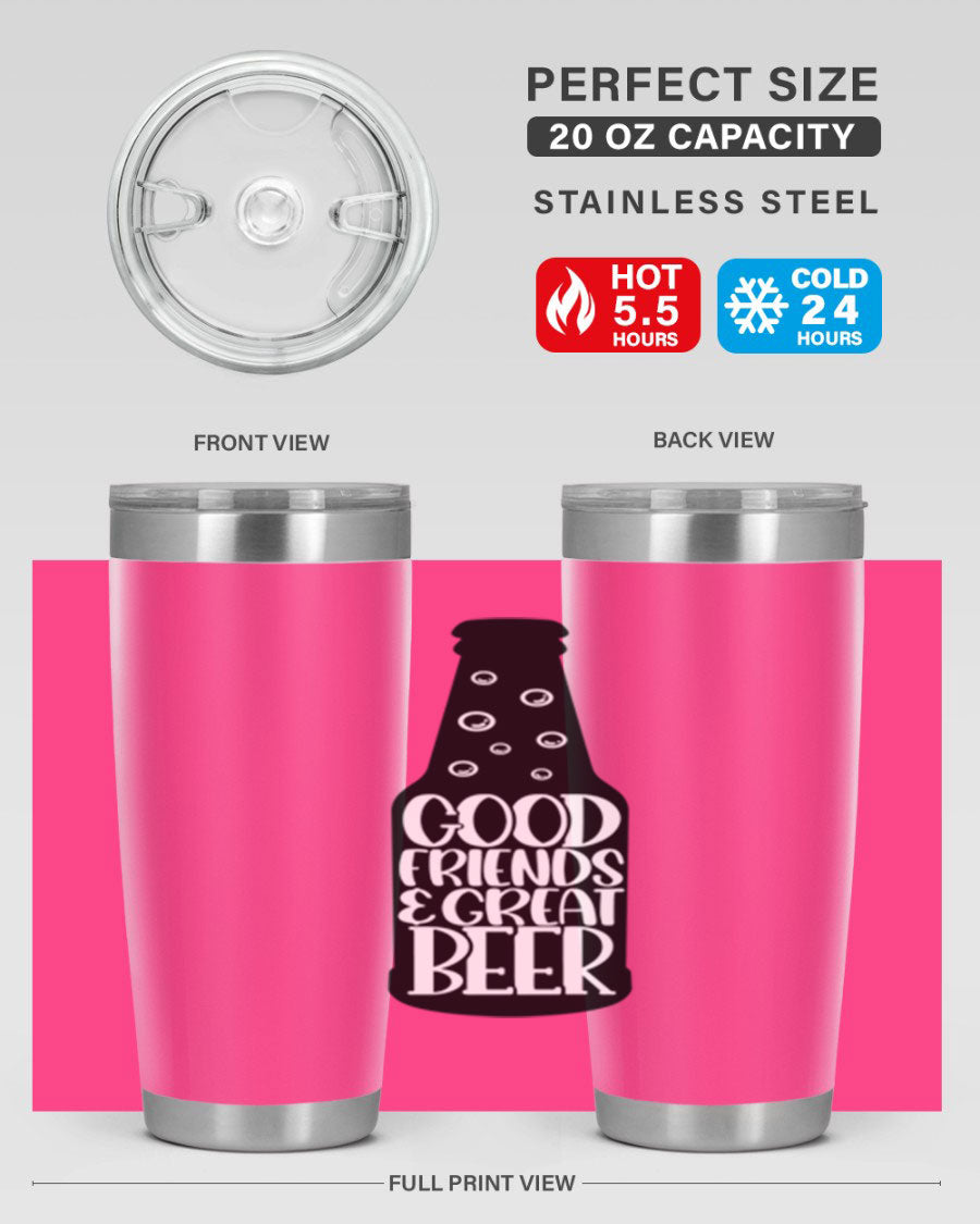Good Friends Great Beer 39# Tumbler in stainless steel with a drink-thru lid, perfect for hot and cold beverages.