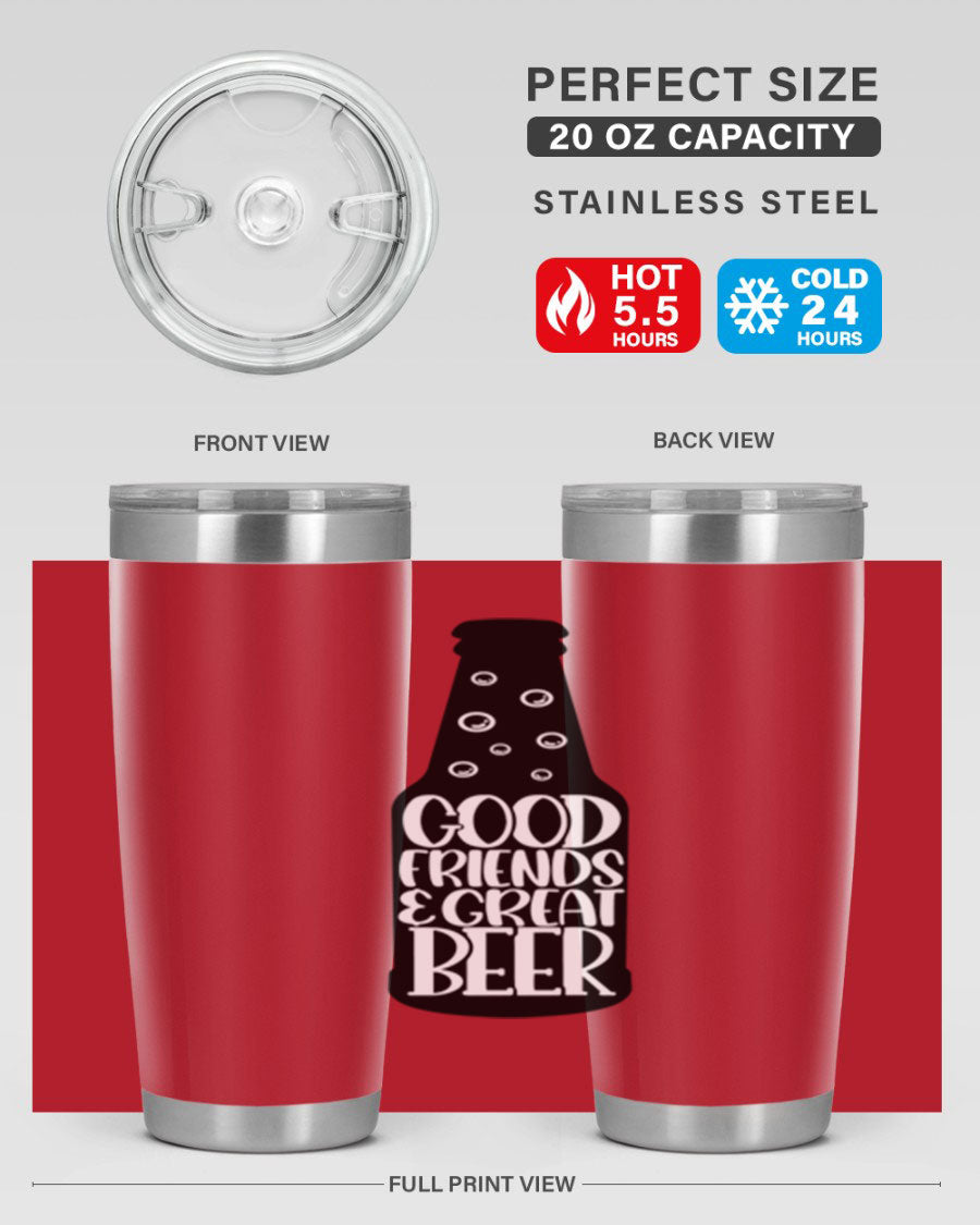 Good Friends Great Beer 39# Tumbler in stainless steel with a drink-thru lid, perfect for hot and cold beverages.