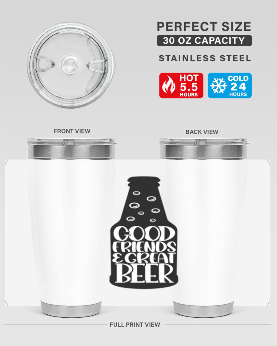 Good Friends Great Beer 39# Tumbler in stainless steel with a drink-thru lid, perfect for hot and cold beverages.
