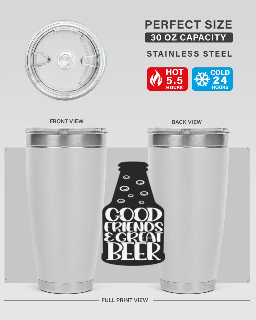 Good Friends Great Beer 39# Tumbler in stainless steel with a drink-thru lid, perfect for hot and cold beverages.