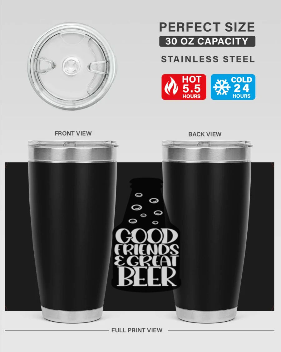 Good Friends Great Beer 39# Tumbler in stainless steel with a drink-thru lid, perfect for hot and cold beverages.