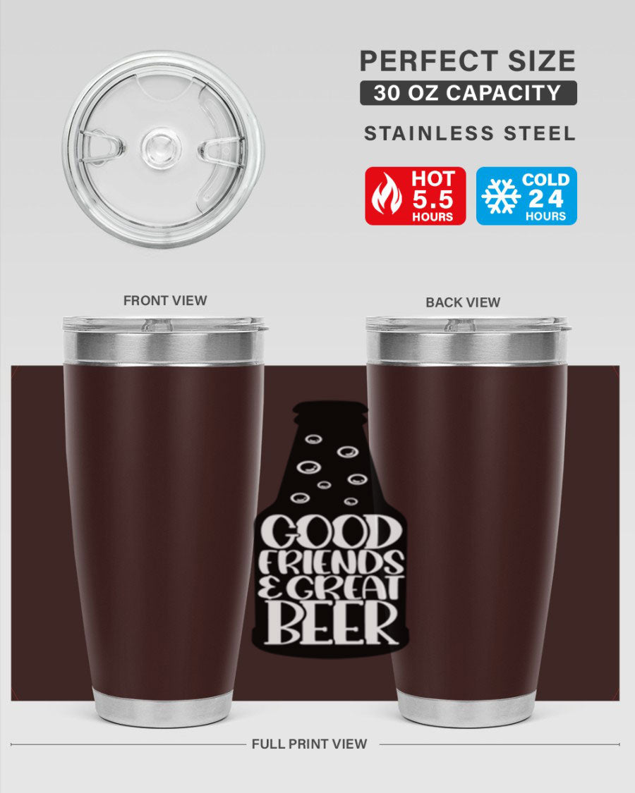 Good Friends Great Beer 39# Tumbler in stainless steel with a drink-thru lid, perfect for hot and cold beverages.