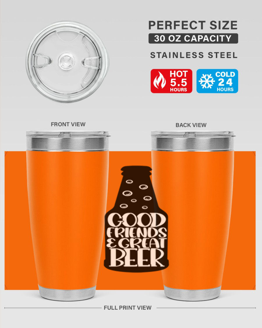 Good Friends Great Beer 39# Tumbler in stainless steel with a drink-thru lid, perfect for hot and cold beverages.