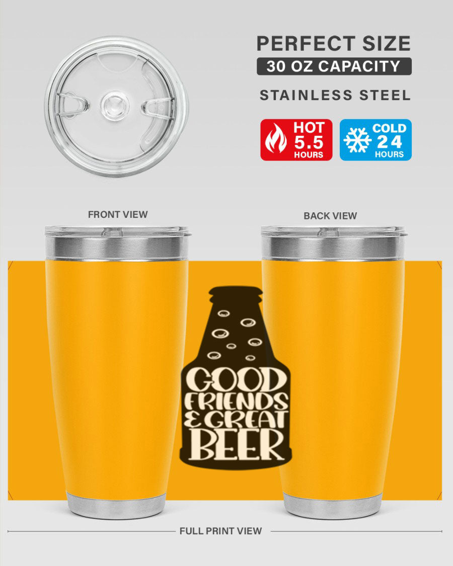 Good Friends Great Beer 39# Tumbler in stainless steel with a drink-thru lid, perfect for hot and cold beverages.
