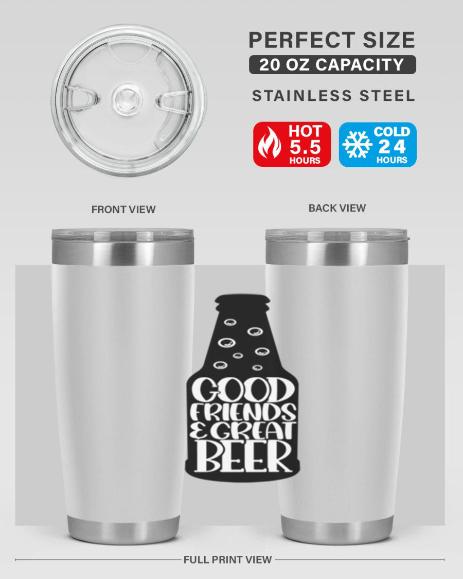Good Friends Great Beer 39# Tumbler in stainless steel with a drink-thru lid, perfect for hot and cold beverages.