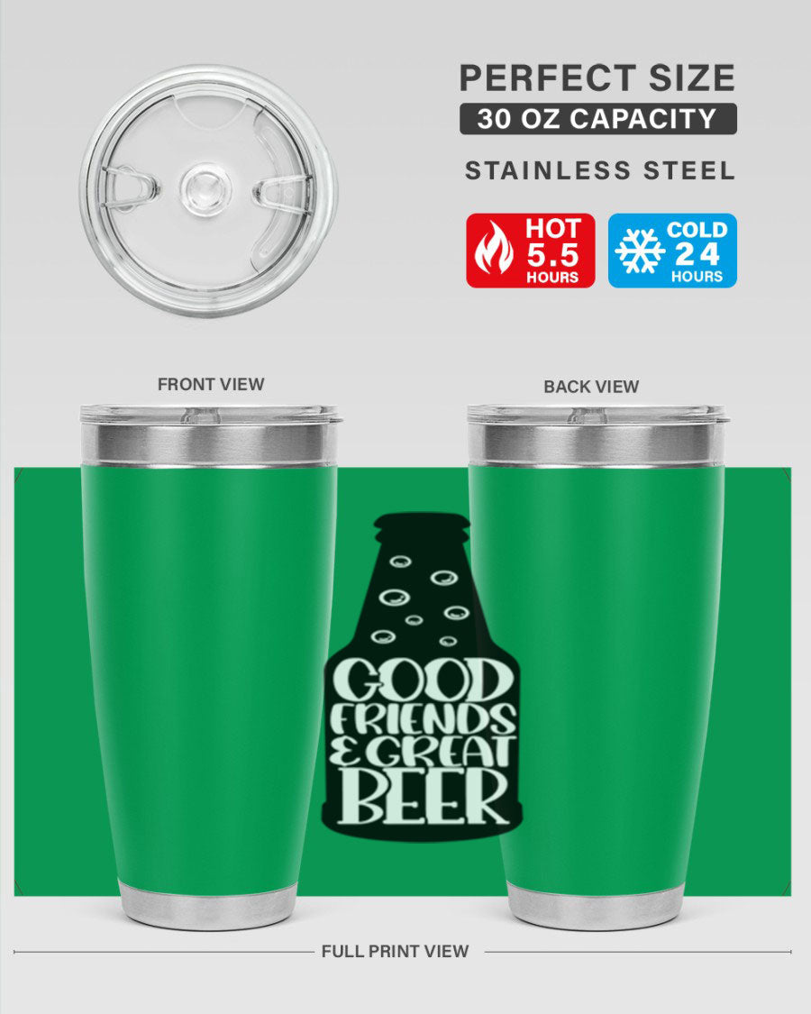 Good Friends Great Beer 39# Tumbler in stainless steel with a drink-thru lid, perfect for hot and cold beverages.