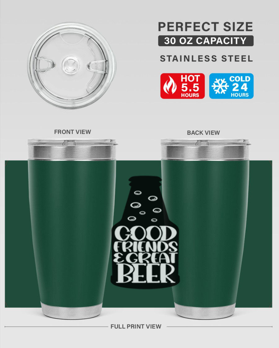 Good Friends Great Beer 39# Tumbler in stainless steel with a drink-thru lid, perfect for hot and cold beverages.