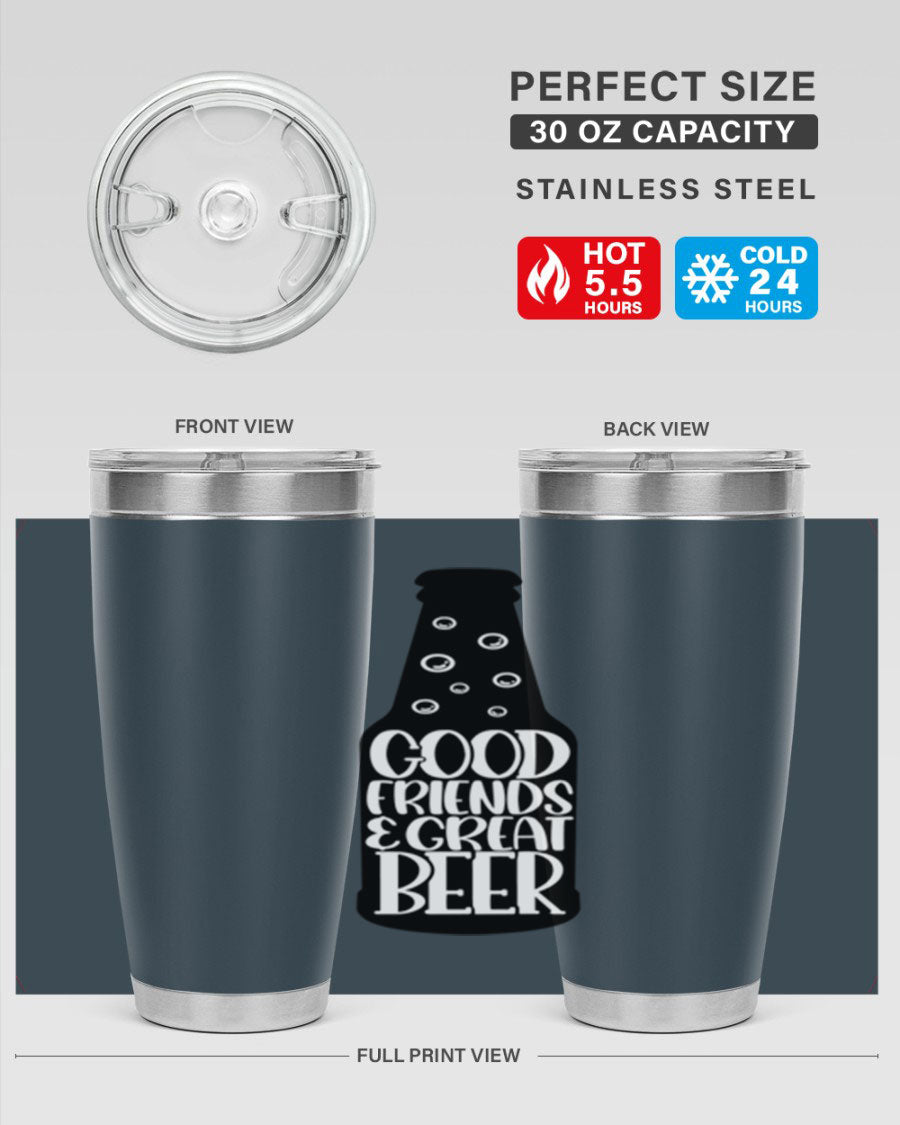 Good Friends Great Beer 39# Tumbler in stainless steel with a drink-thru lid, perfect for hot and cold beverages.