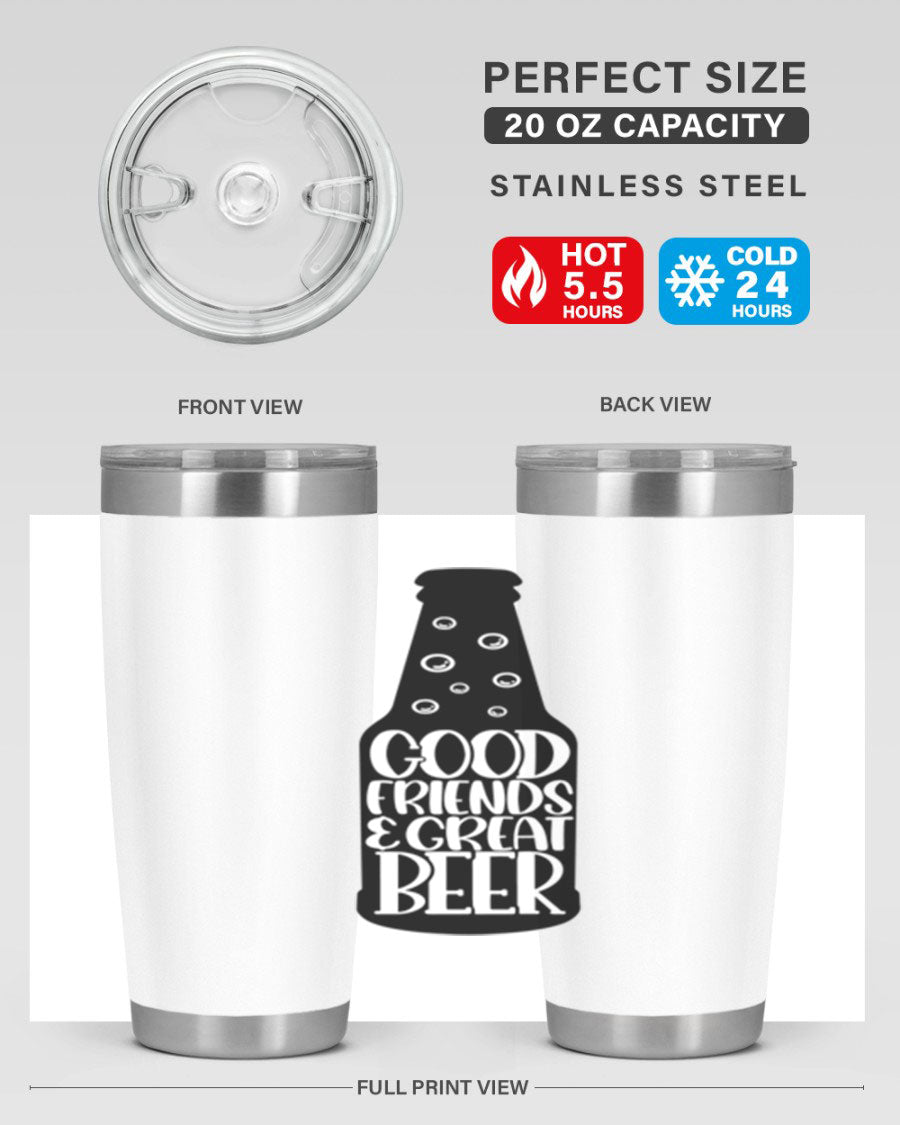 Good Friends Great Beer 39# Tumbler in stainless steel with a drink-thru lid, perfect for hot and cold beverages.