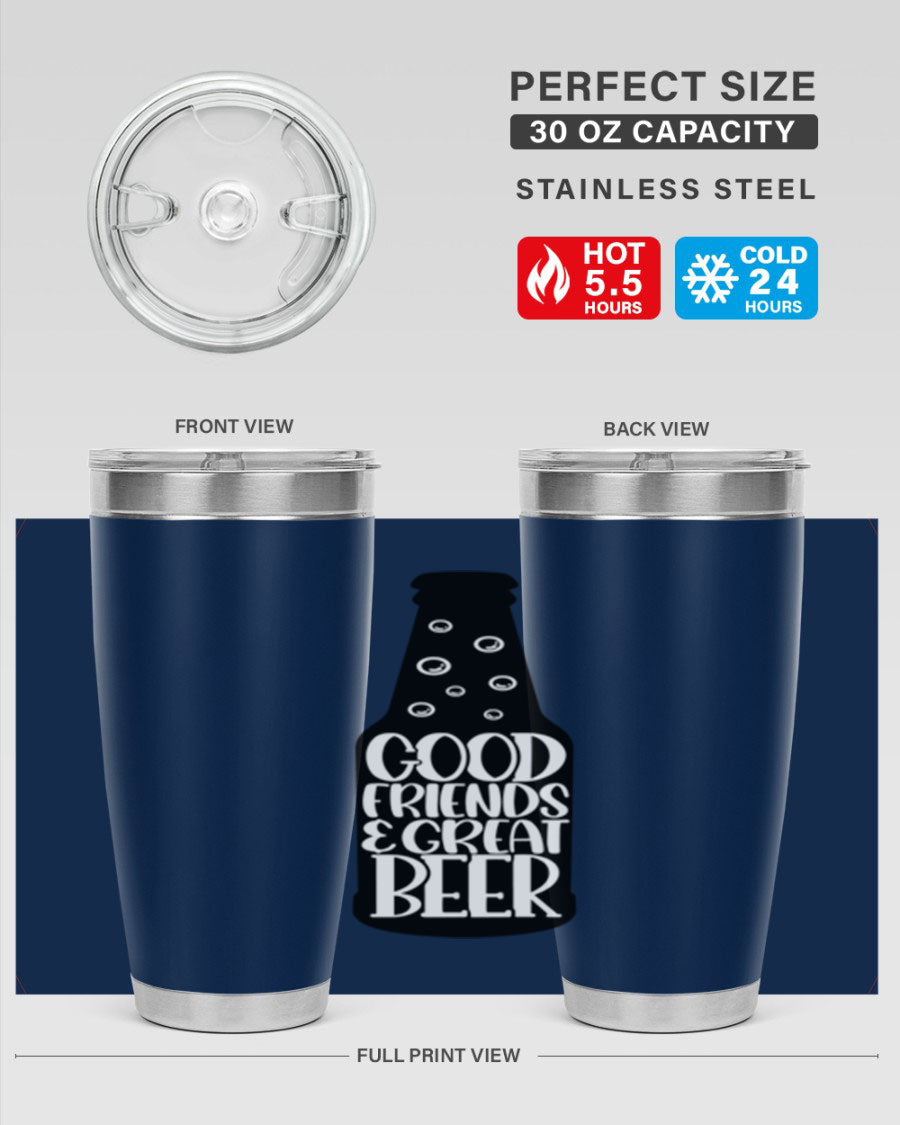 Good Friends Great Beer 39# Tumbler in stainless steel with a drink-thru lid, perfect for hot and cold beverages.
