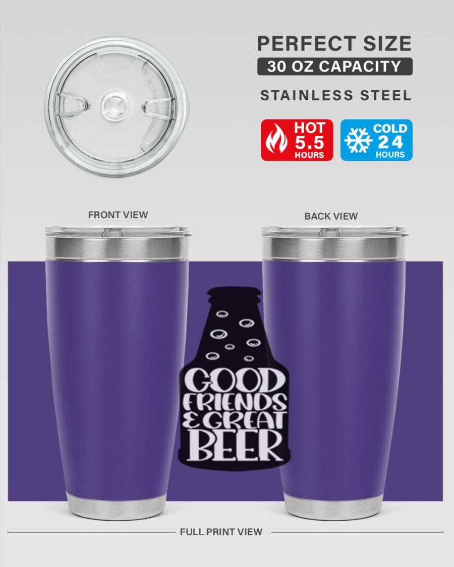 Good Friends Great Beer 39# Tumbler in stainless steel with a drink-thru lid, perfect for hot and cold beverages.