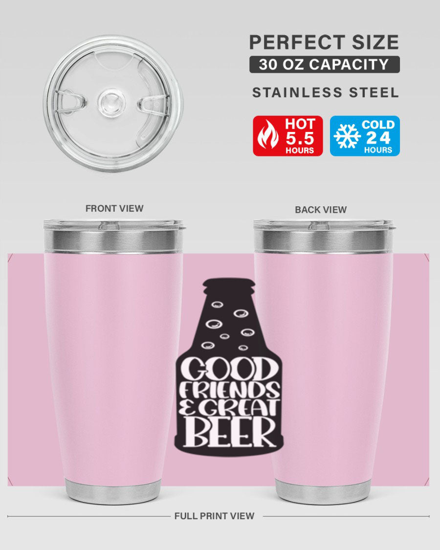 Good Friends Great Beer 39# Tumbler in stainless steel with a drink-thru lid, perfect for hot and cold beverages.